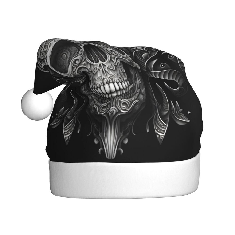 6585 Gothic Black Skull Santa Hat - Cozy Adult Plush Christmas Beanie